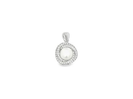18K White Gold Pendant with White Pearl and Pavé-Set Natural Diamonds in Halo Design
